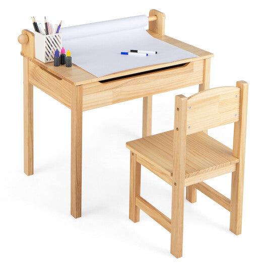 Toddler Multifunctional Activity Table and Chair Set with Paper Roll Holder-Natural LuxuryLifeWay Online Store