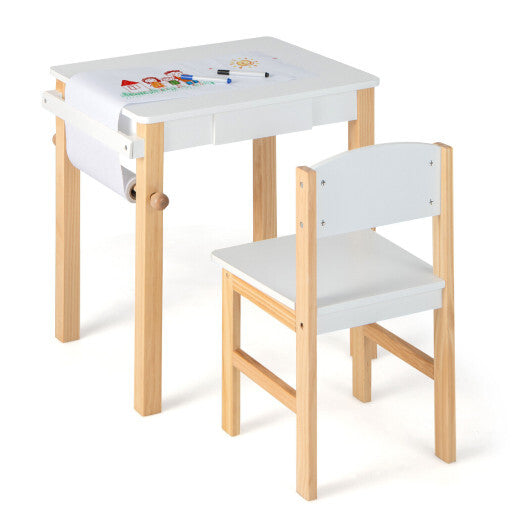 Kids Art Table and Chair Set with Drawer Paper Roll and 2 Markers-White LuxuryLifeWay Online Store