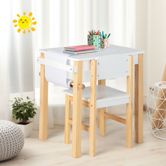 Kids Art Table and Chair Set with Drawer Paper Roll and 2 Markers-White LuxuryLifeWay Online Store
