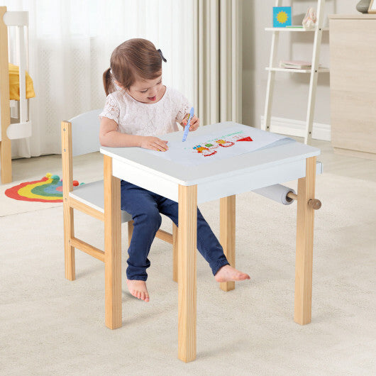 Kids Art Table and Chair Set with Drawer Paper Roll and 2 Markers-White LuxuryLifeWay Online Store