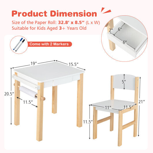 Kids Art Table and Chair Set with Drawer Paper Roll and 2 Markers-White LuxuryLifeWay Online Store