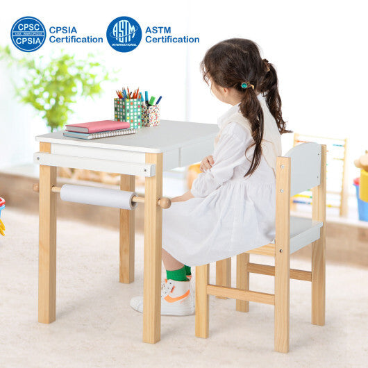 Kids Art Table and Chair Set with Drawer Paper Roll and 2 Markers-White LuxuryLifeWay Online Store