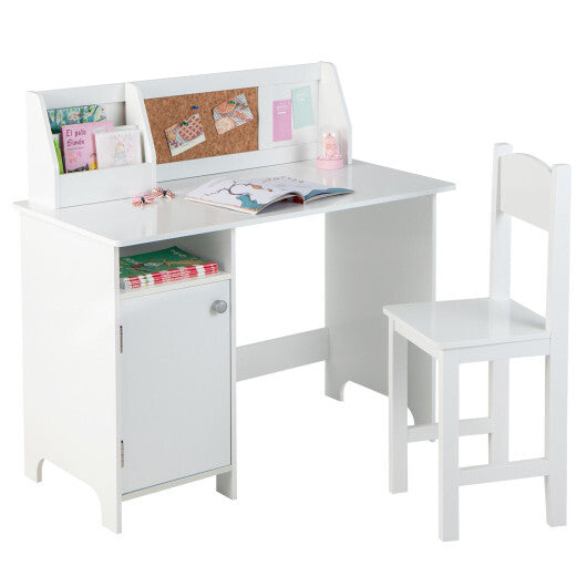 Wooden Kids Study Desk and Chair Set with Storage Cabinet and Bulletin Board-White LuxuryLifeWay Online Store