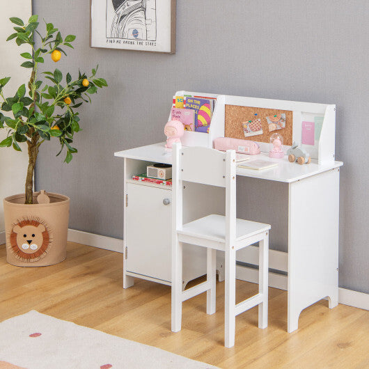 Wooden Kids Study Desk and Chair Set with Storage Cabinet and Bulletin Board-White LuxuryLifeWay Online Store