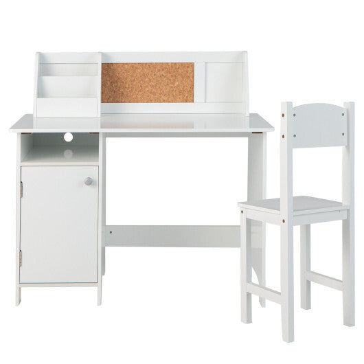 Wooden Kids Study Desk and Chair Set with Storage Cabinet and Bulletin Board-White LuxuryLifeWay Online Store