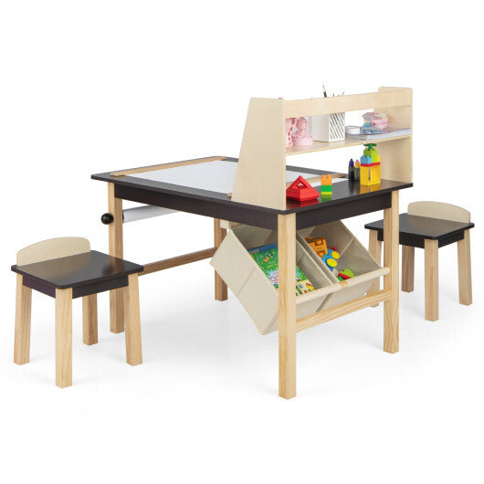Kids Art Table and Chairs Set with Paper Roll and Storage Bins-Coffee LuxuryLifeWay Online Store