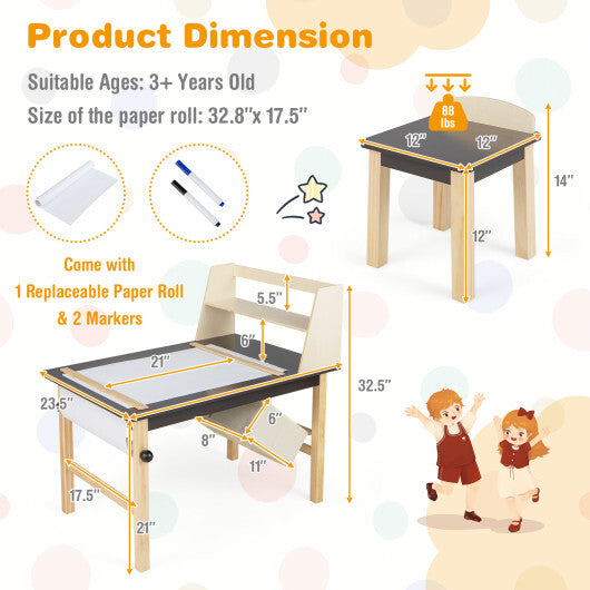 Kids Art Table and Chairs Set with Paper Roll and Storage Bins-Coffee LuxuryLifeWay Online Store
