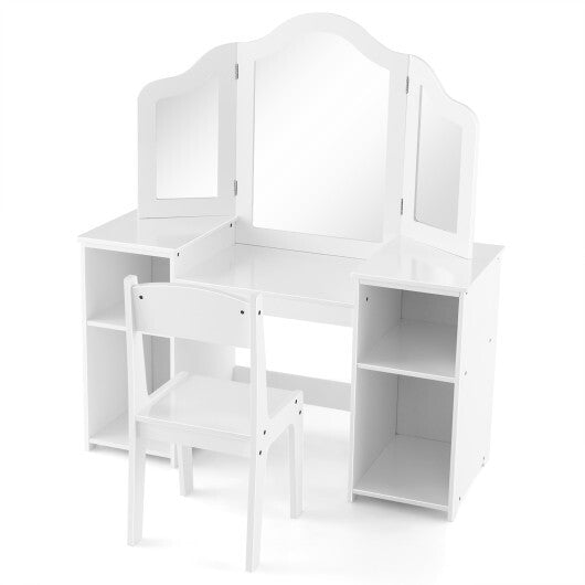 Kids Vanity Table and Chair Set with Removable Tri-Folding Mirror-White LuxuryLifeWay Online Store