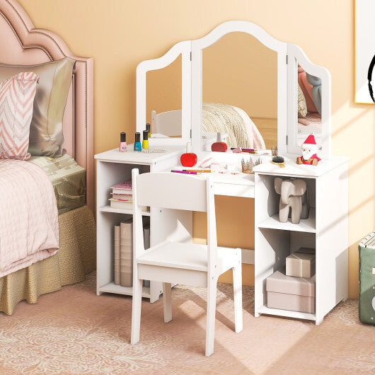 Kids Vanity Table and Chair Set with Removable Tri-Folding Mirror-White LuxuryLifeWay Online Store