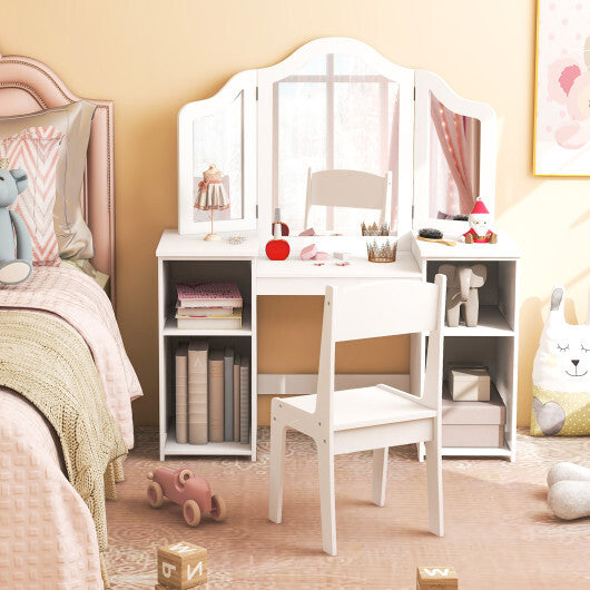 Kids Vanity Table and Chair Set with Removable Tri-Folding Mirror-White LuxuryLifeWay Online Store