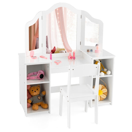 Kids Vanity Table and Chair Set with Removable Tri-Folding Mirror-White LuxuryLifeWay Online Store
