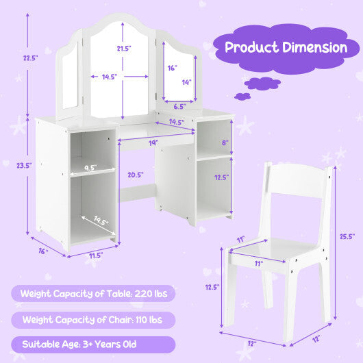 Kids Vanity Table and Chair Set with Removable Tri-Folding Mirror-White LuxuryLifeWay Online Store