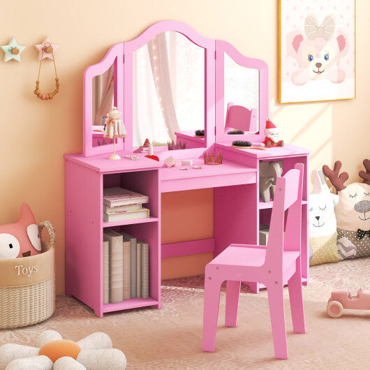 Kids Vanity Table and Chair Set with Removable Tri-Folding Mirror-White LuxuryLifeWay Online Store