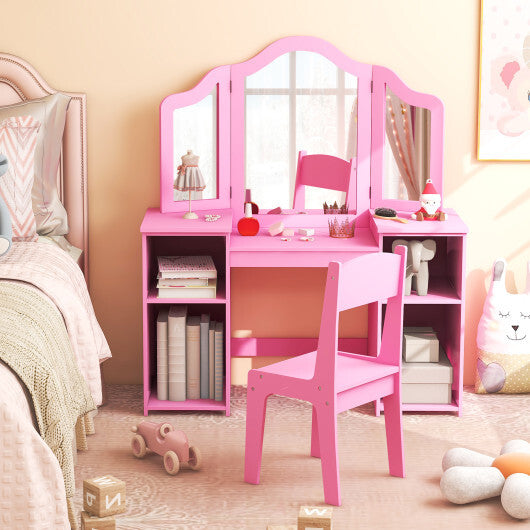 Kids Vanity Table and Chair Set with Removable Tri-Folding Mirror-White LuxuryLifeWay Online Store
