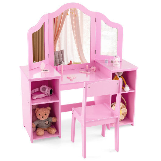 Kids Vanity Table and Chair Set with Removable Tri-Folding Mirror-White LuxuryLifeWay Online Store