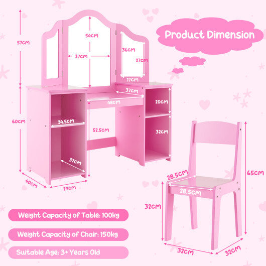 Kids Vanity Table and Chair Set with Removable Tri-Folding Mirror-White LuxuryLifeWay Online Store