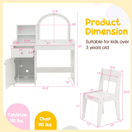 Kids Vanity Table and Chair Set with Shelves Drawer and Cabinet-White LuxuryLifeWay Online Store