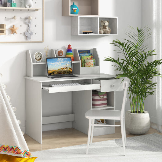 Kids Study Desk Children Writing Table with Hutch Drawer Shelves and Keyboard Tray-White LuxuryLifeWay Online Store