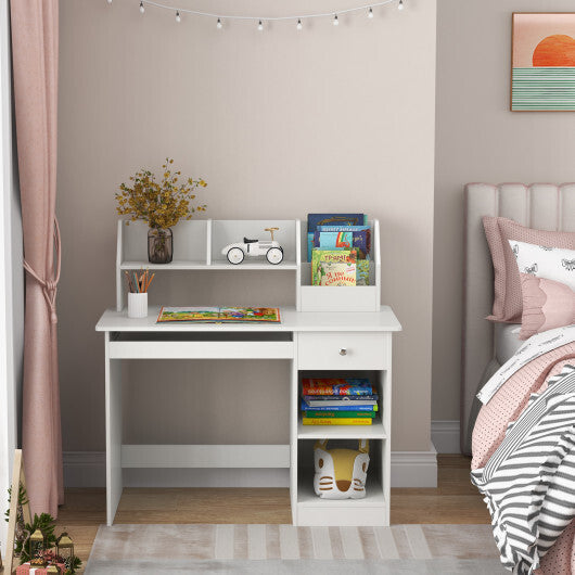 Kids Study Desk Children Writing Table with Hutch Drawer Shelves and Keyboard Tray-White LuxuryLifeWay Online Store
