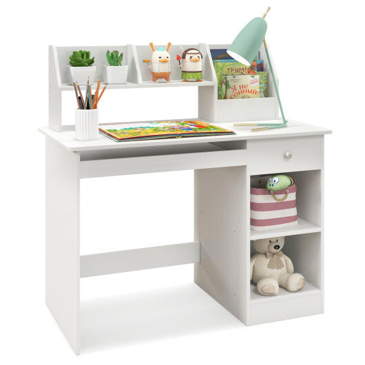 Kids Study Desk Children Writing Table with Hutch Drawer Shelves and Keyboard Tray-White LuxuryLifeWay Online Store