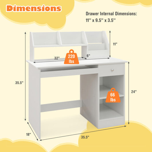 Kids Study Desk Children Writing Table with Hutch Drawer Shelves and Keyboard Tray-White LuxuryLifeWay Online Store