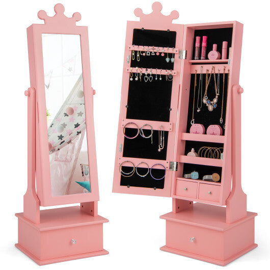 2-in-1 Kids Play Jewelry Armoire with Full Length Mirror and Drawers-Pink LuxuryLifeWay Online Store