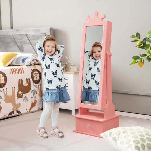 2-in-1 Kids Play Jewelry Armoire with Full Length Mirror and Drawers-Pink LuxuryLifeWay Online Store