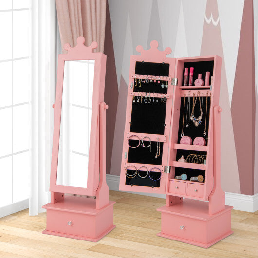 2-in-1 Kids Play Jewelry Armoire with Full Length Mirror and Drawers-Pink LuxuryLifeWay Online Store