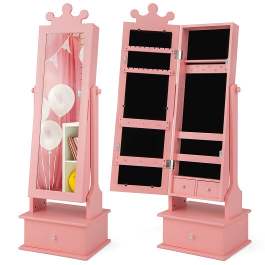 2-in-1 Kids Play Jewelry Armoire with Full Length Mirror and Drawers-Pink LuxuryLifeWay Online Store