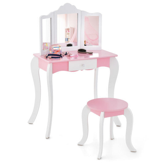 Kid's Wooden Vanity Table and Stool Set  with 3-Panel Acrylic Mirror-White LuxuryLifeWay Online Store