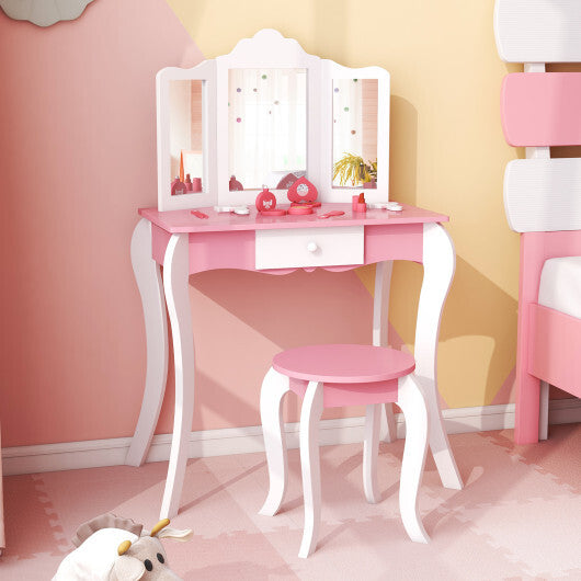 Kid's Wooden Vanity Table and Stool Set  with 3-Panel Acrylic Mirror-White LuxuryLifeWay Online Store