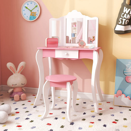 Kid's Wooden Vanity Table and Stool Set  with 3-Panel Acrylic Mirror-White LuxuryLifeWay Online Store