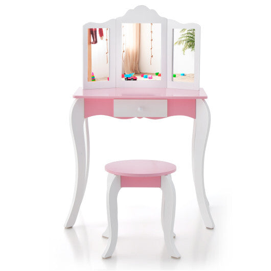 Kid's Wooden Vanity Table and Stool Set  with 3-Panel Acrylic Mirror-White LuxuryLifeWay Online Store