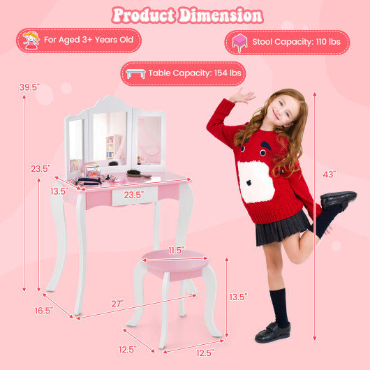 Kid's Wooden Vanity Table and Stool Set  with 3-Panel Acrylic Mirror-White LuxuryLifeWay Online Store