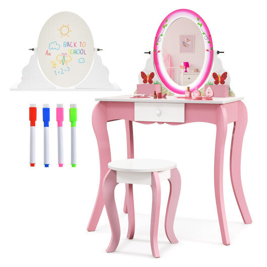 Kids Vanity Table and Stool Set with 360 Rotating Mirror and Whiteboard-Pink LuxuryLifeWay Online Store