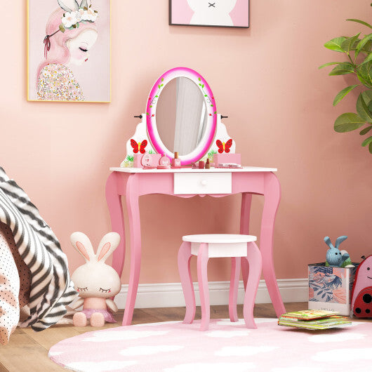 Kids Vanity Table and Stool Set with 360 Rotating Mirror and Whiteboard-Pink LuxuryLifeWay Online Store