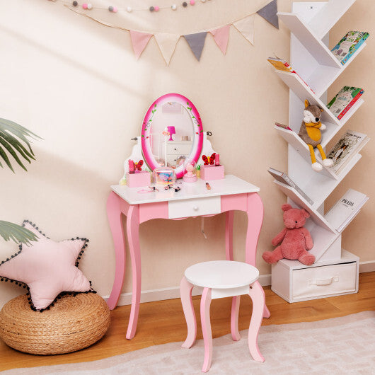 Kids Vanity Table and Stool Set with 360 Rotating Mirror and Whiteboard-Pink LuxuryLifeWay Online Store