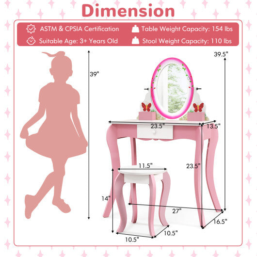 Kids Vanity Table and Stool Set with 360 Rotating Mirror and Whiteboard-Pink LuxuryLifeWay Online Store