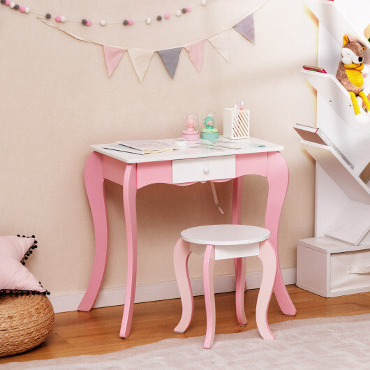 Kids Vanity Table and Stool Set with 360 Rotating Mirror and Whiteboard-Pink LuxuryLifeWay Online Store