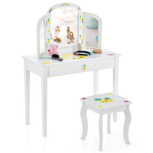 Kids Vanity Table Set with Tri-Folding Mirror and Large Drawer-White LuxuryLifeWay Online Store