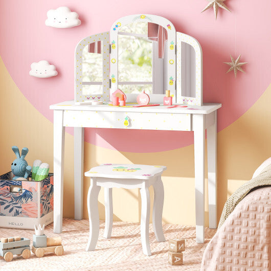 Kids Vanity Table Set with Tri-Folding Mirror and Large Drawer-White LuxuryLifeWay Online Store