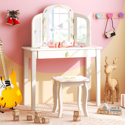 Kids Vanity Table Set with Tri-Folding Mirror and Large Drawer-White LuxuryLifeWay Online Store