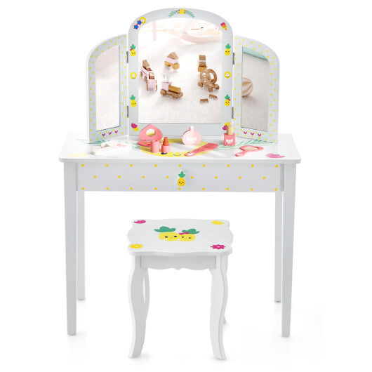 Kids Vanity Table Set with Tri-Folding Mirror and Large Drawer-White LuxuryLifeWay Online Store