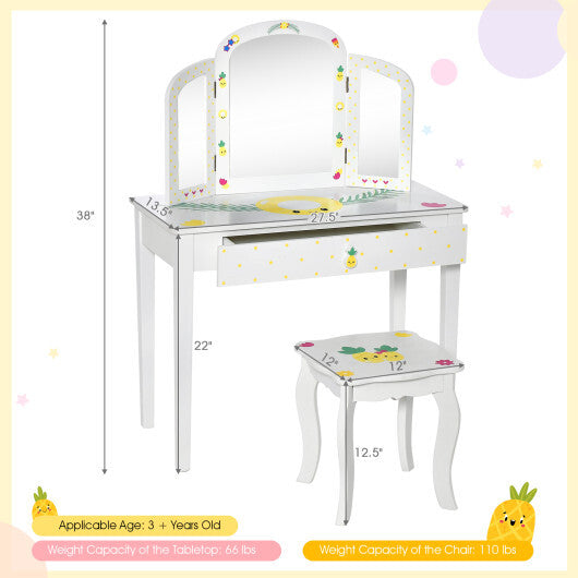 Kids Vanity Table Set with Tri-Folding Mirror and Large Drawer-White LuxuryLifeWay Online Store