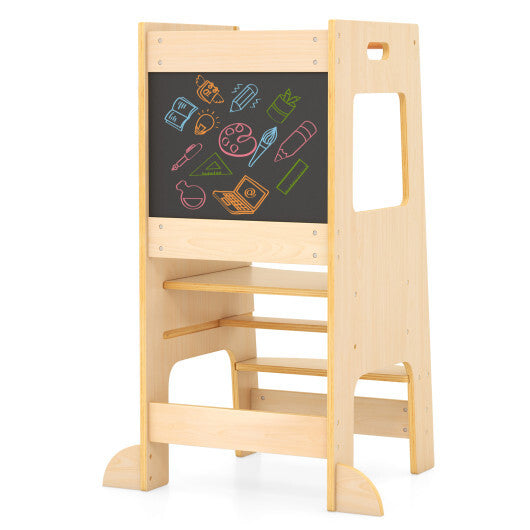 Toddler Kitchen Step Stool with Activity Chalkboard and Adjustable Height-Natural - Color: Natural LuxuryLifeWay Online Store