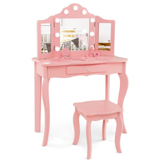 Kid Vanity Table Stool Set with Tri-Folding Mirror and 3-Color LED Lights-Pink LuxuryLifeWay Online Store