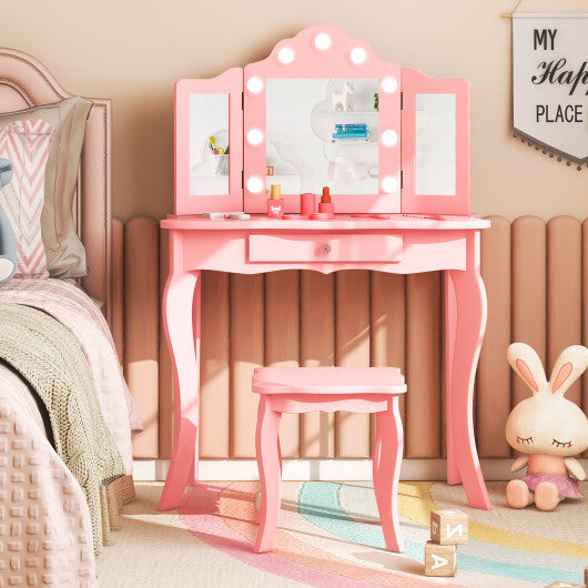 Kid Vanity Table Stool Set with Tri-Folding Mirror and 3-Color LED Lights-Pink LuxuryLifeWay Online Store