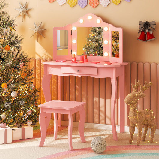 Kid Vanity Table Stool Set with Tri-Folding Mirror and 3-Color LED Lights-Pink LuxuryLifeWay Online Store
