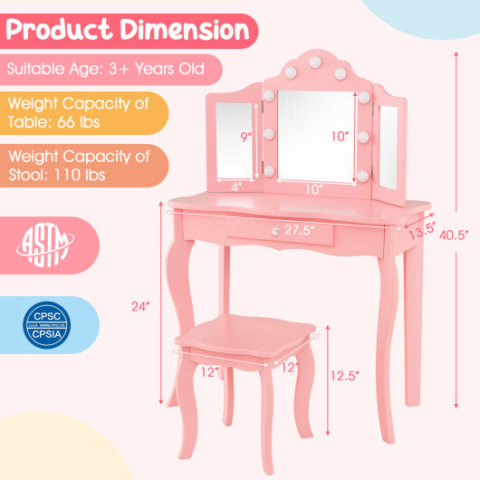 Kid Vanity Table Stool Set with Tri-Folding Mirror and 3-Color LED Lights-Pink LuxuryLifeWay Online Store
