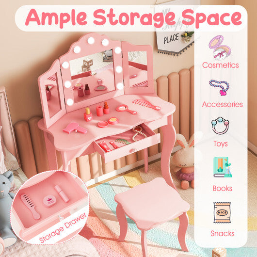 Kid Vanity Table Stool Set with Tri-Folding Mirror and 3-Color LED Lights-Pink LuxuryLifeWay Online Store